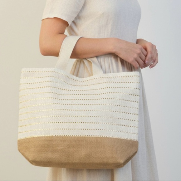 Neutral Canvas & Jute Tote Bag Metallic Gold Accent Stripes Lightweight Carryall - Picture 1 of 2